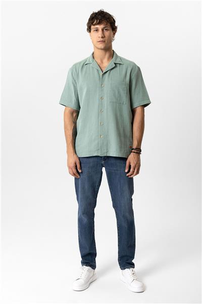 Yeşil Relaxed Fit Küba Yaka Kısa Kollu Gömlek
