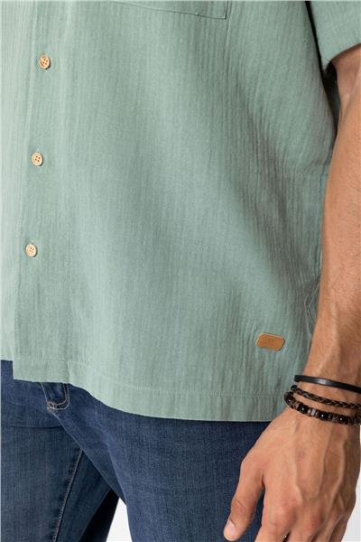 Yeşil Relaxed Fit Küba Yaka Kısa Kollu Gömlek