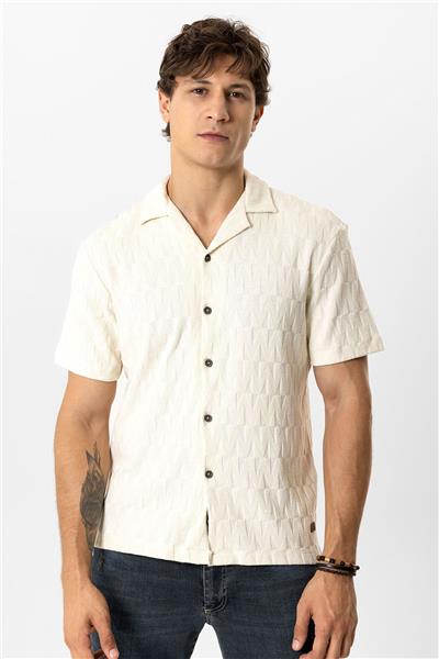 Ekru Regular Fit Küba Yaka Örme Kısa Kollu Gömlek