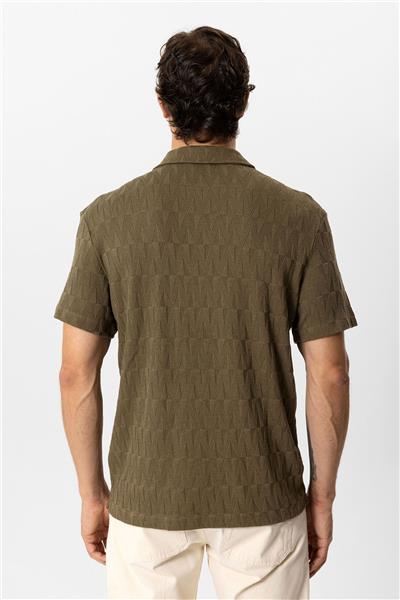 Haki Regular Fit Küba Yaka Örme Kısa Kollu Gömlek