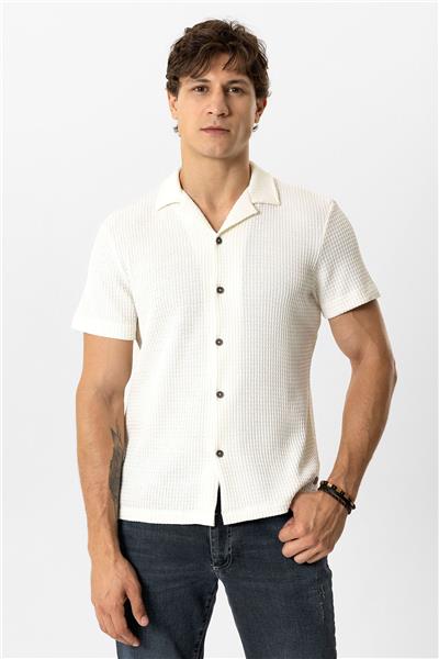 Ekru Regular Fit Küba Yaka Örme Kısa Kollu Gömlek