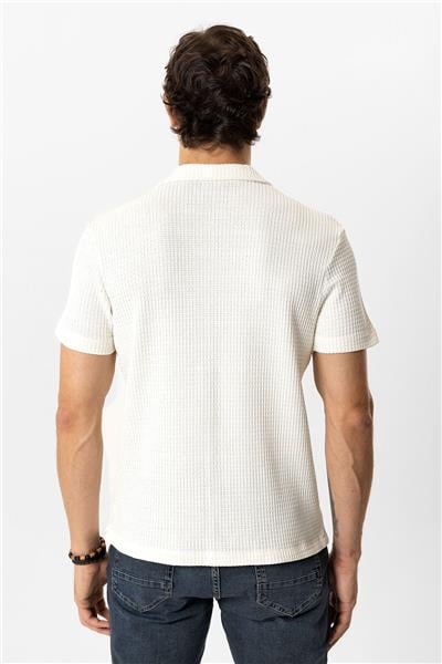 Ekru Regular Fit Küba Yaka Örme Kısa Kollu Gömlek