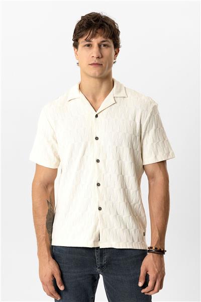 Ekru Regular Fit Küba Yaka Örme Kısa Kollu Gömlek