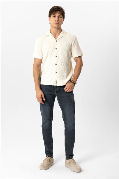 Ekru Regular Fit Küba Yaka Örme Kısa Kollu Gömlek