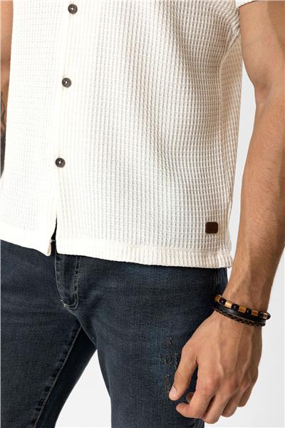 Ekru Regular Fit Küba Yaka Örme Kısa Kollu Gömlek