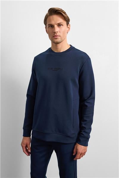 Lacivert Bisiklet Yaka Gizli Fermuarlı Sweatshirt