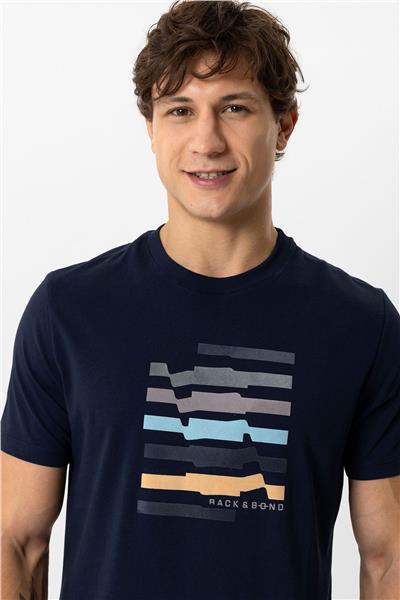 Lacivert Regular Fit Bisiklet Yaka Baskılı Tişört