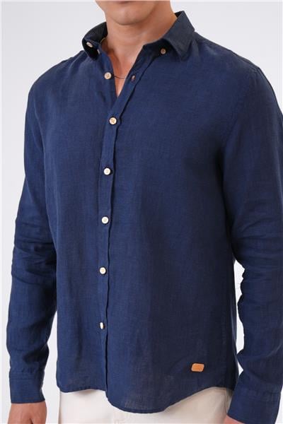 Lacivert Regular Fit Keten Gömlek