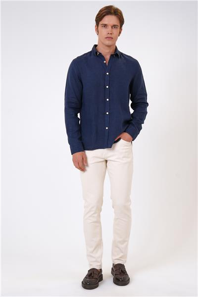 Lacivert Regular Fit Keten Gömlek
