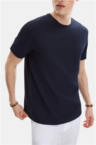 Lacivert Regular Fit Örme Bisiklet Yaka Tişört