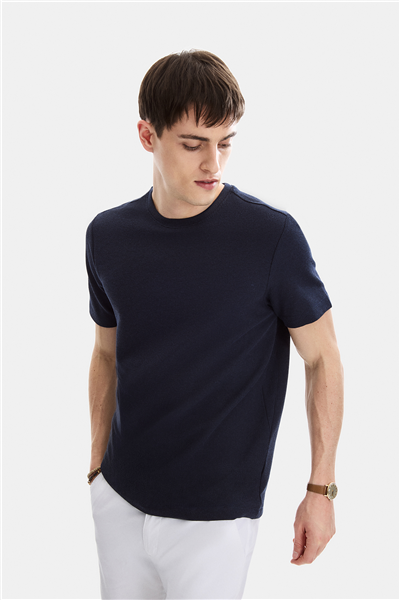 Lacivert Regular Fit Örme Bisiklet Yaka Tişört