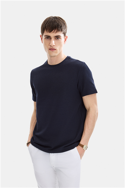 Lacivert Regular Fit Örme Bisiklet Yaka Tişört