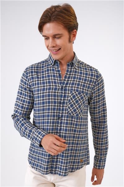 Lacivert Regular Fit Pamuklu Ekoseli Gömlek