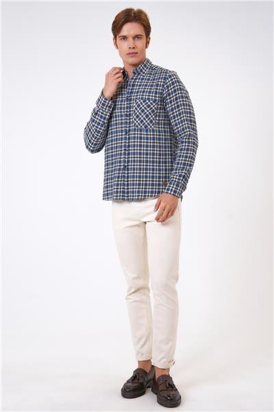 Lacivert Regular Fit Pamuklu Ekoseli Gömlek