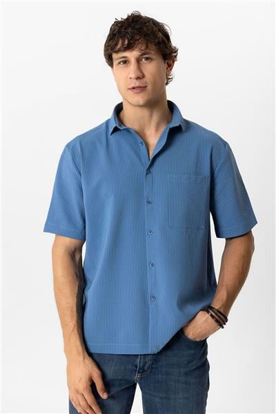 Lacivert Relaxed Fit Küba Yaka Kısa Kollu Gömlek