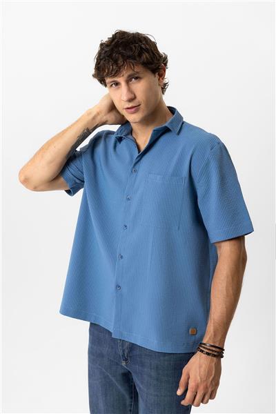 Lacivert Relaxed Fit Küba Yaka Kısa Kollu Gömlek