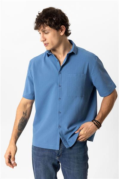 Lacivert Relaxed Fit Küba Yaka Kısa Kollu Gömlek