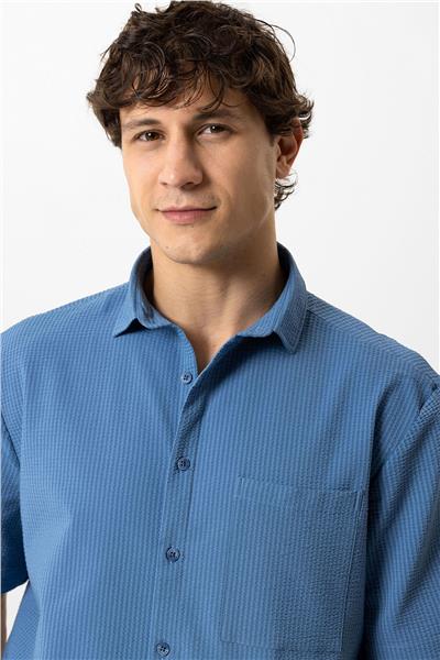 Lacivert Relaxed Fit Küba Yaka Kısa Kollu Gömlek