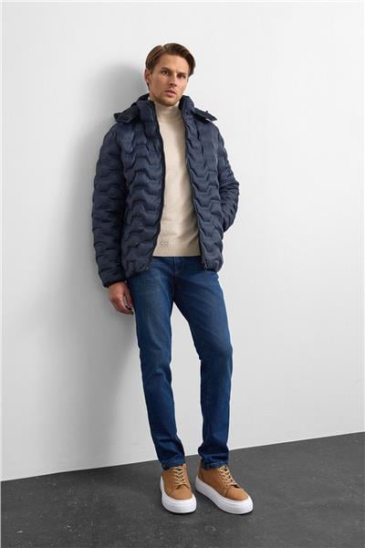 Lacivert Smart Fit Çift Taraflı Kapüşonlu Mont