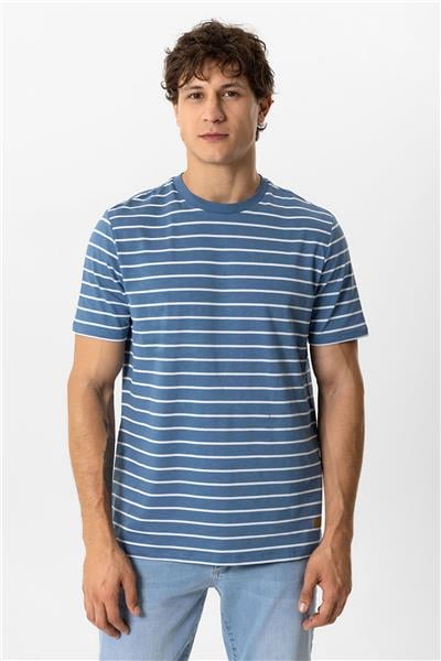 Mavi Regular Fit Bisiklet Yaka Çizgili Tişört