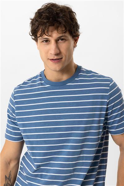 Mavi Regular Fit Bisiklet Yaka Çizgili Tişört
