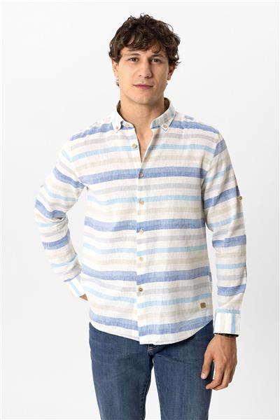 Mavi Regular Fit Çizgili Keten Gömlek