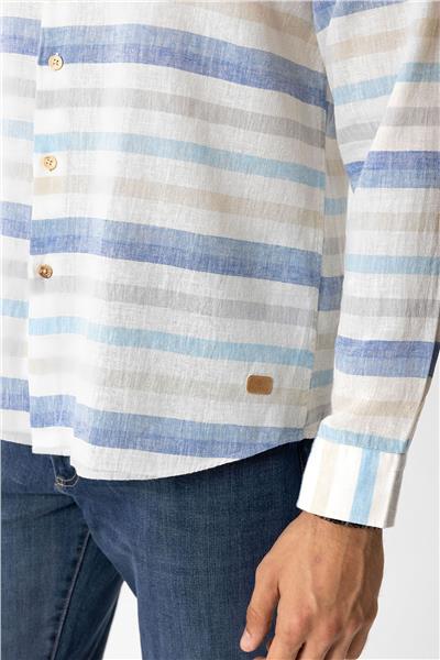 Mavi Regular Fit Çizgili Keten Gömlek