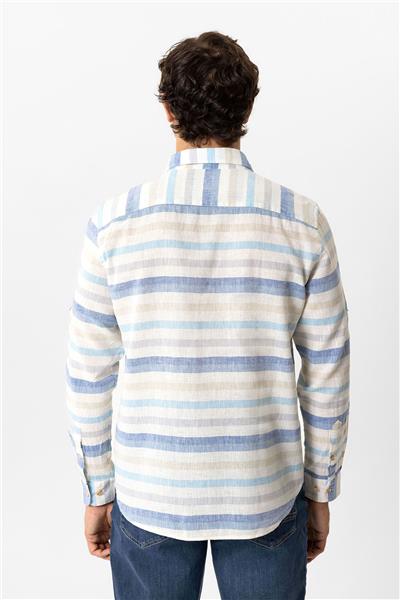 Mavi Regular Fit Çizgili Keten Gömlek
