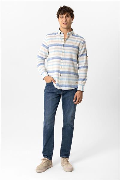 Mavi Regular Fit Çizgili Keten Gömlek