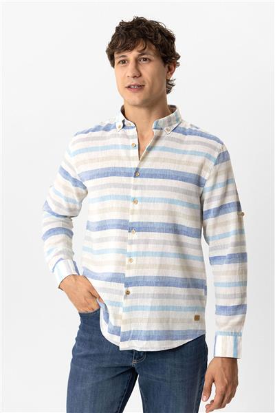 Mavi Regular Fit Çizgili Keten Gömlek