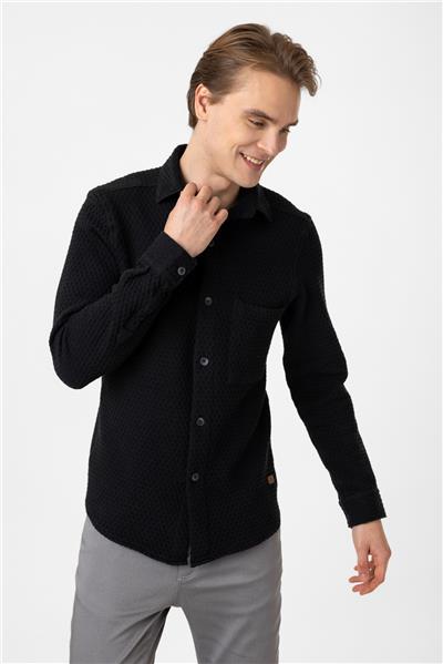 Siyah Regular Fit Cepli Örgü Desenli Gömlek