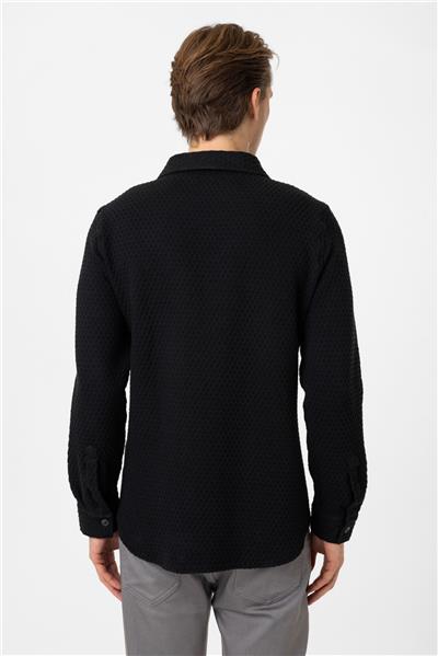 Siyah Regular Fit Cepli Örgü Desenli Gömlek