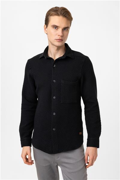Siyah Regular Fit Cepli Örgü Desenli Gömlek