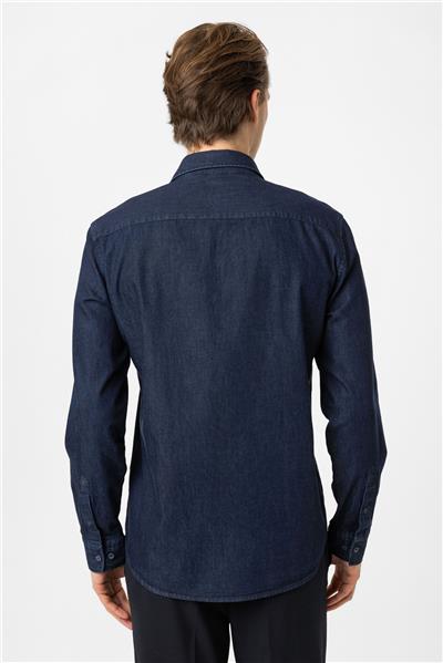 Lacivert Regular Fit Cepli Denim Gömlek
