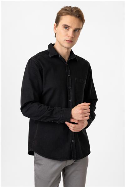Siyah Regular Fit Cepli Denim Gömlek