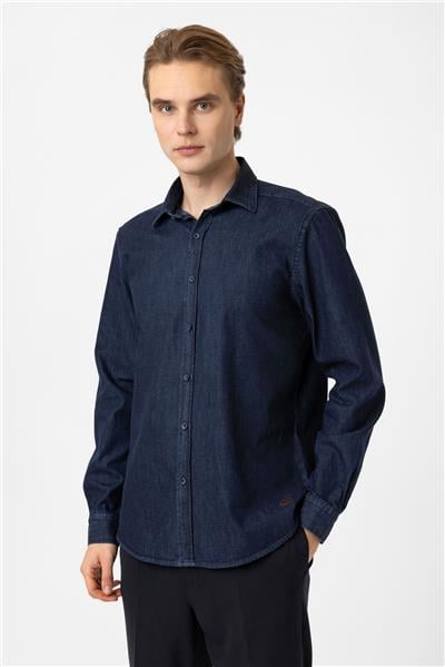 Lacivert Regular Fit Cepli Denim Gömlek