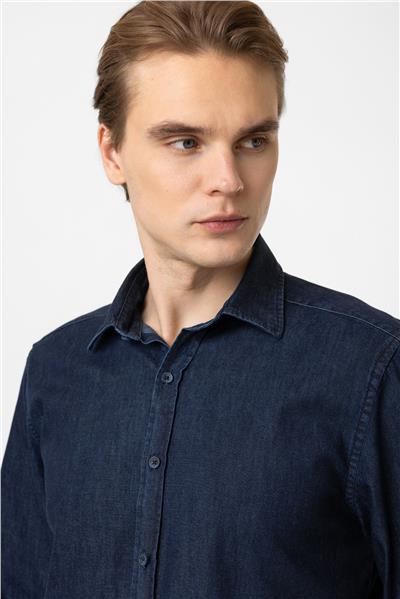 Lacivert Regular Fit Cepli Denim Gömlek