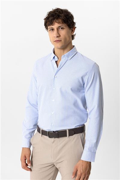 Mavi Slim Fit Pamuklu Çizgili Gömlek