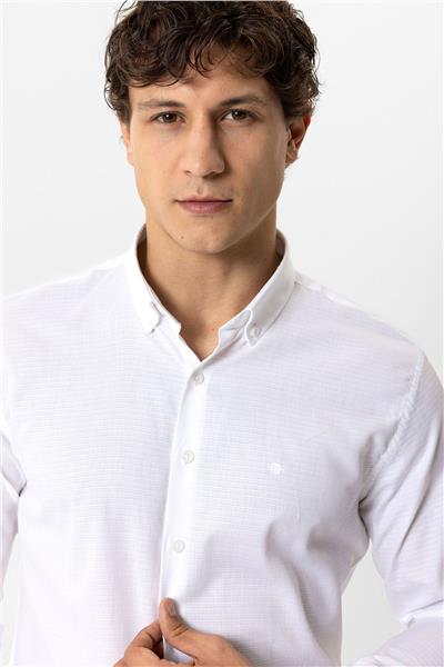 Beyaz Slim Fit Armürlü %100 Pamuk Gömlek