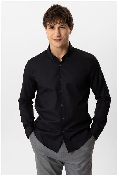 Siyah Slim Fit Armürlü %100 Pamuk Gömlek
