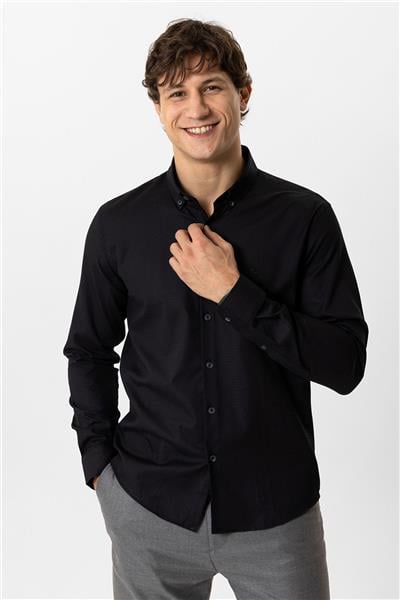 Siyah Slim Fit Armürlü %100 Pamuk Gömlek