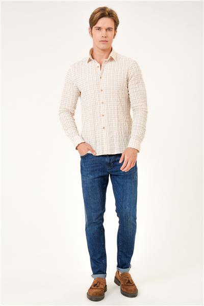 Bej Regular Fit Pamuklu Kareli Gömlek