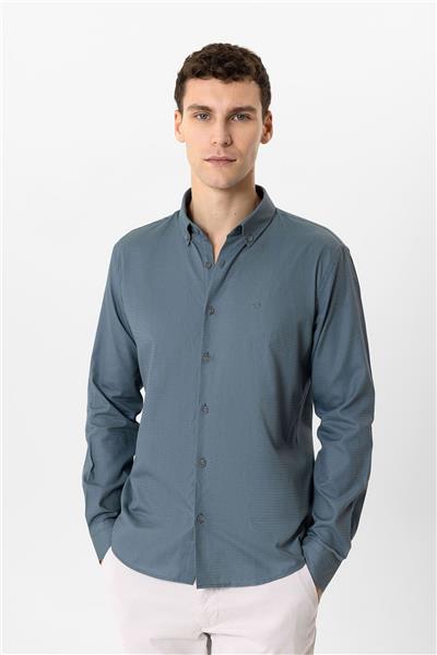 Gri Slim Fit Armürlü %100 Pamuk Gömlek