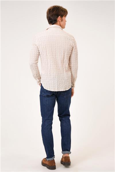 Bej Regular Fit Pamuklu Kareli Gömlek