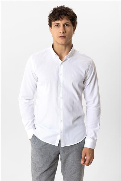 Beyaz Slim Fit Armürlü %100 Pamuk Gömlek