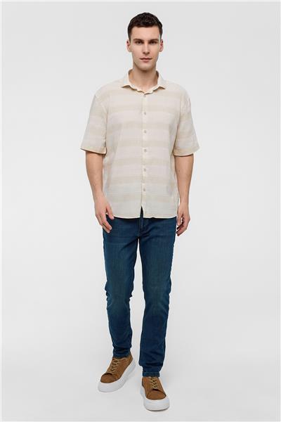 Bej Regular Fit Çizgili Dokuma Gömlek