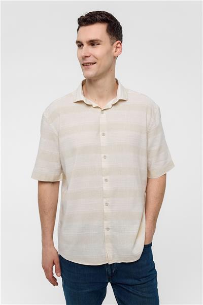 Bej Regular Fit Çizgili Dokuma Gömlek