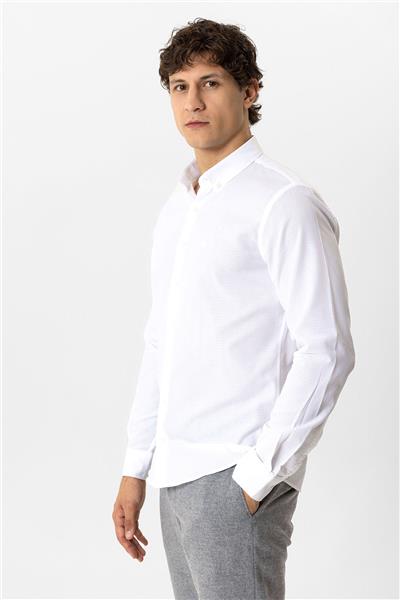 Beyaz Slim Fit Armürlü %100 Pamuk Gömlek