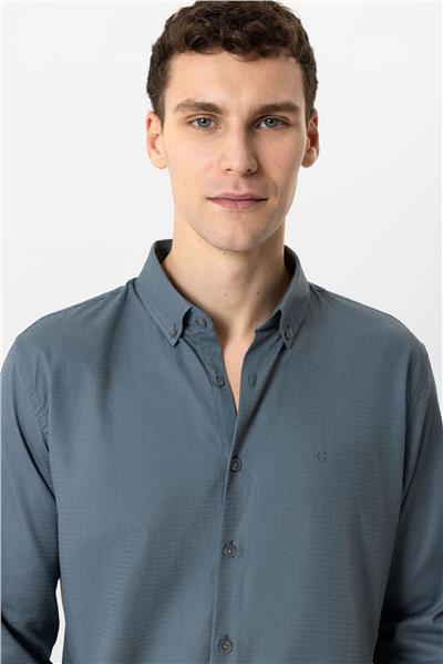 Gri Slim Fit Armürlü %100 Pamuk Gömlek