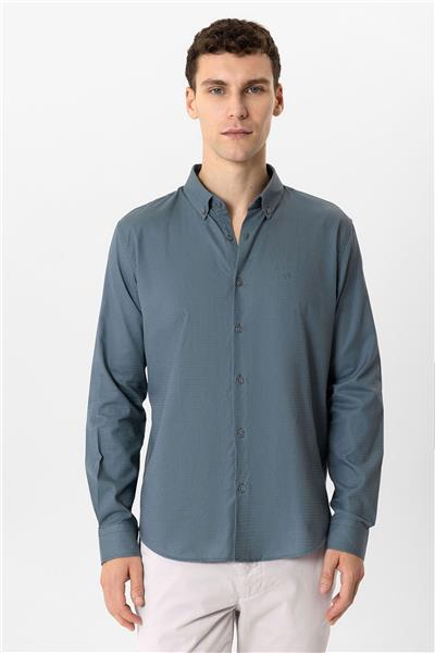 Gri Slim Fit Armürlü %100 Pamuk Gömlek